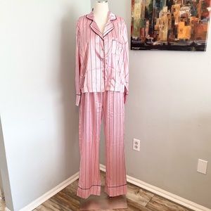 🆕 NASTY GAL Pink Satin Striped Pants & Long Sleeve Pajama Set ~ US 8